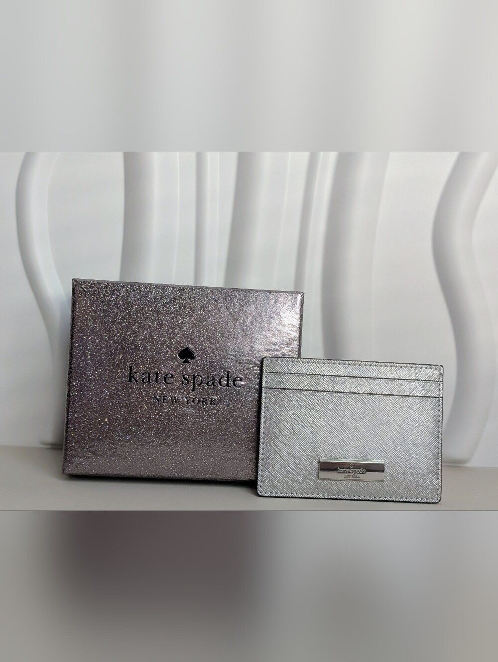 Kate Spade Kenzie Metallic Saffiano Card Holder Silver Lunar LightNWT W/Gift Box